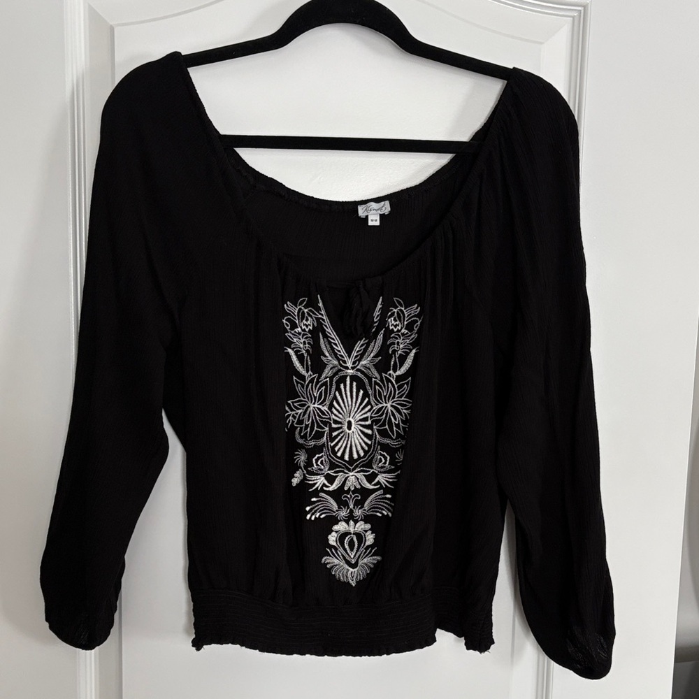 Kismet Black Blouse with White Embroidery